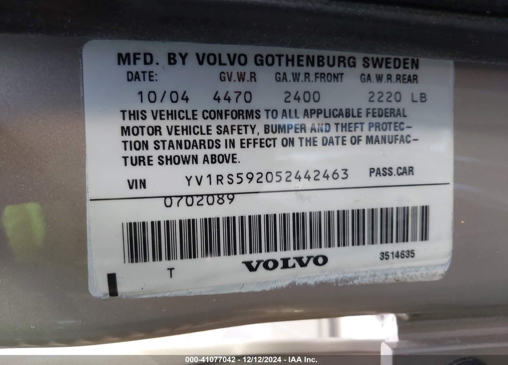 2005 VOLVO S60 2.5T VIN: YV1RS592052442463
