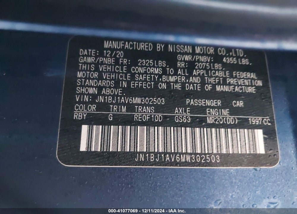 2021 NISSAN ROGUE SPORT S FWD XTRONIC CVT VIN: JN1BJ1AV6MW302503