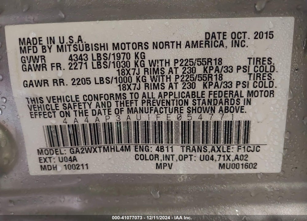 2015 MITSUBISHI OUTLANDER SPORT ES VIN: 4A4AP3AU1FE054771