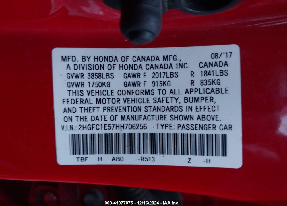 2017 HONDA CIVIC VIN: 2HGFC1E57HH706256