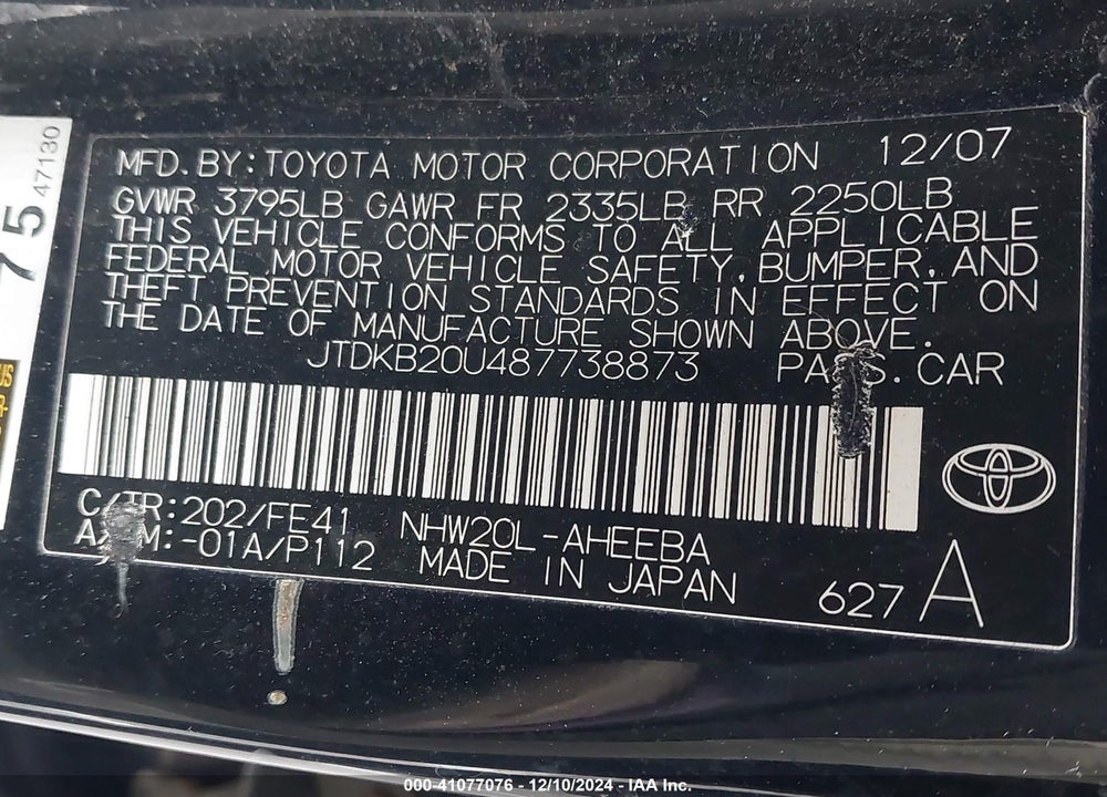 2008 TOYOTA PRIUS VIN: JTDKB20U487738873