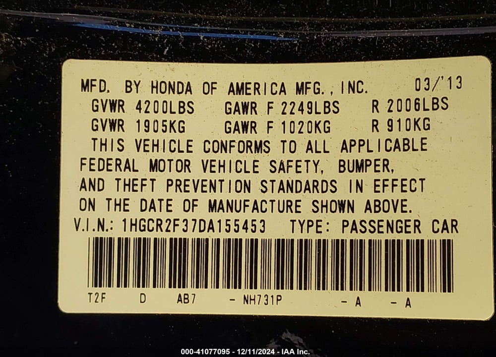 2013 HONDA ACCORD LX VIN: 1HGCR2F37DA155453