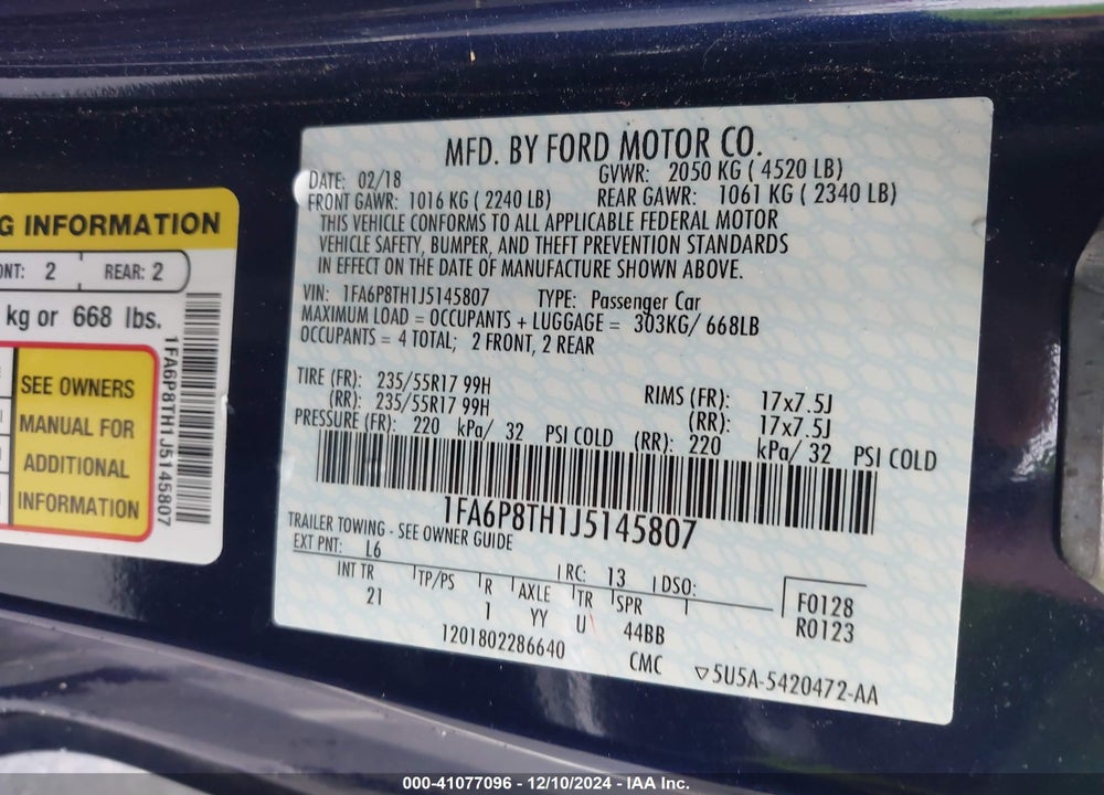 2018 FORD MUSTANG ECOBOOST VIN: 1FA6P8TH1J5145807