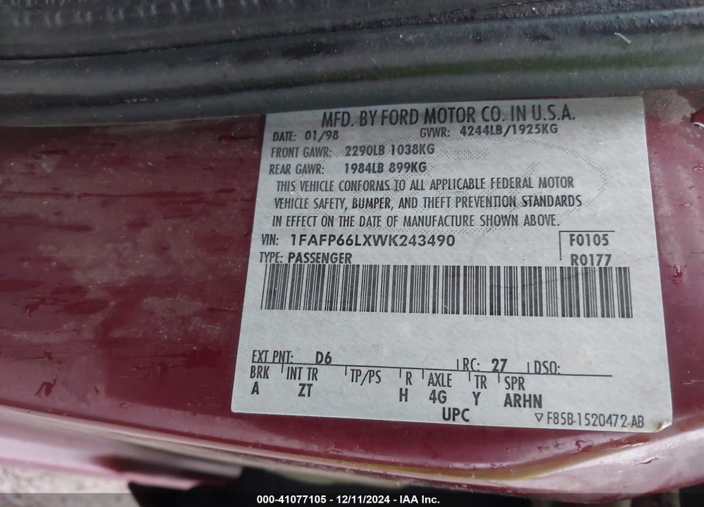 1998 FORD CONTOUR VIN: 1FAFP66LXWK243490