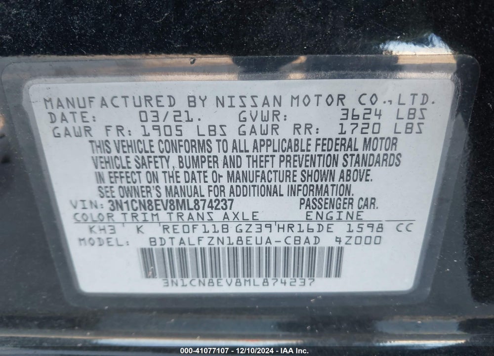 2021 NISSAN VERSA SV XTRONIC CVT VIN: 3N1CN8EV8ML874237