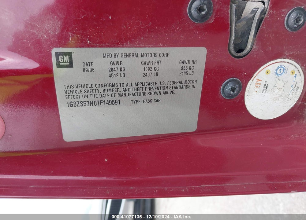 2007 SATURN AURA XE VIN: 1G8ZS57N07F149591