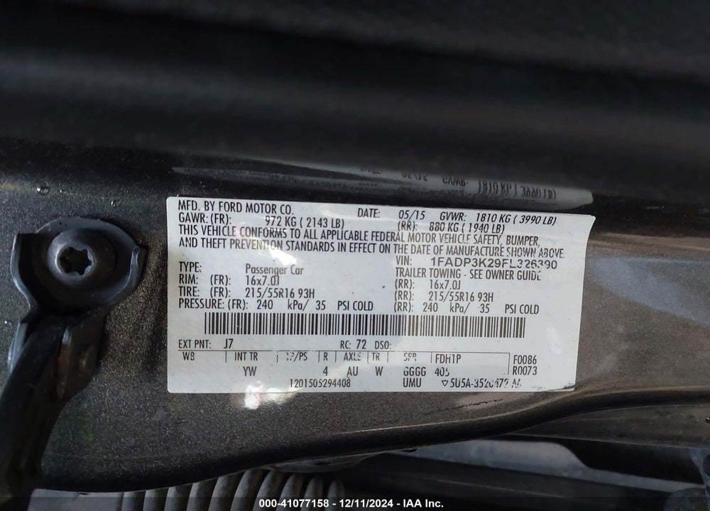 2015 FORD FOCUS SE VIN: 1FADP3K29FL326390