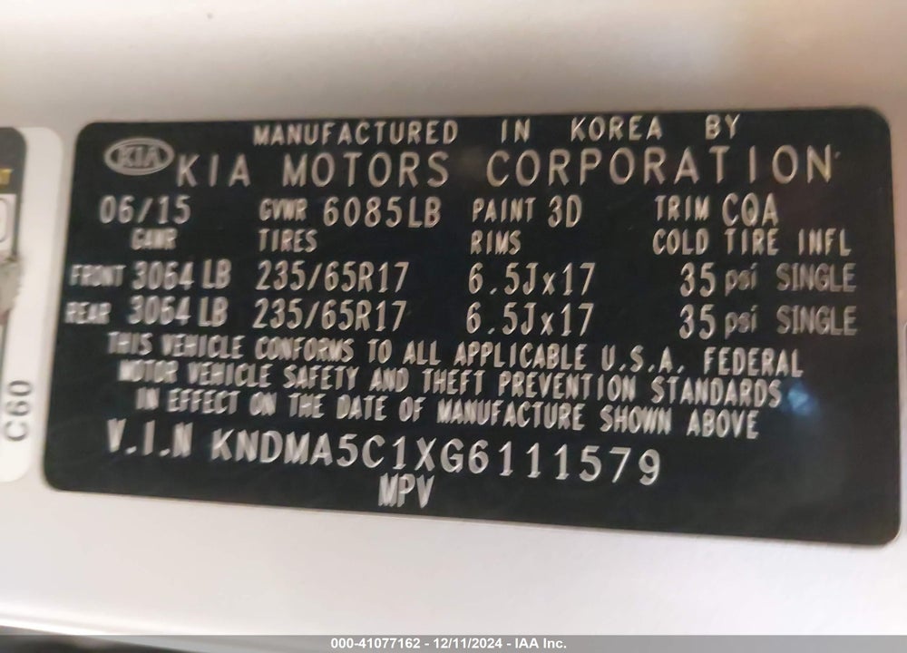 2016 KIA SEDONA L VIN: KNDMA5C1XG6111579