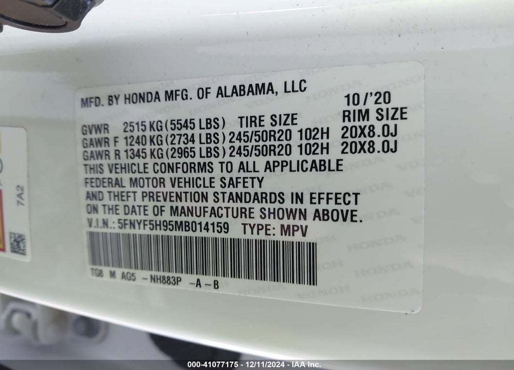2021 HONDA PILOT 2WD TOURING 8 PASSENGER VIN: 5FNYF5H95MB014159