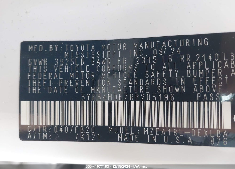 2024 TOYO COROLLA LE W/CONTINU VIN: 5YFB4MDE7RP205196