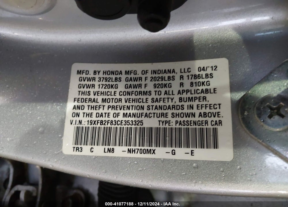 2012 HONDA CIVIC VIN: 19XFB2F83CE353325