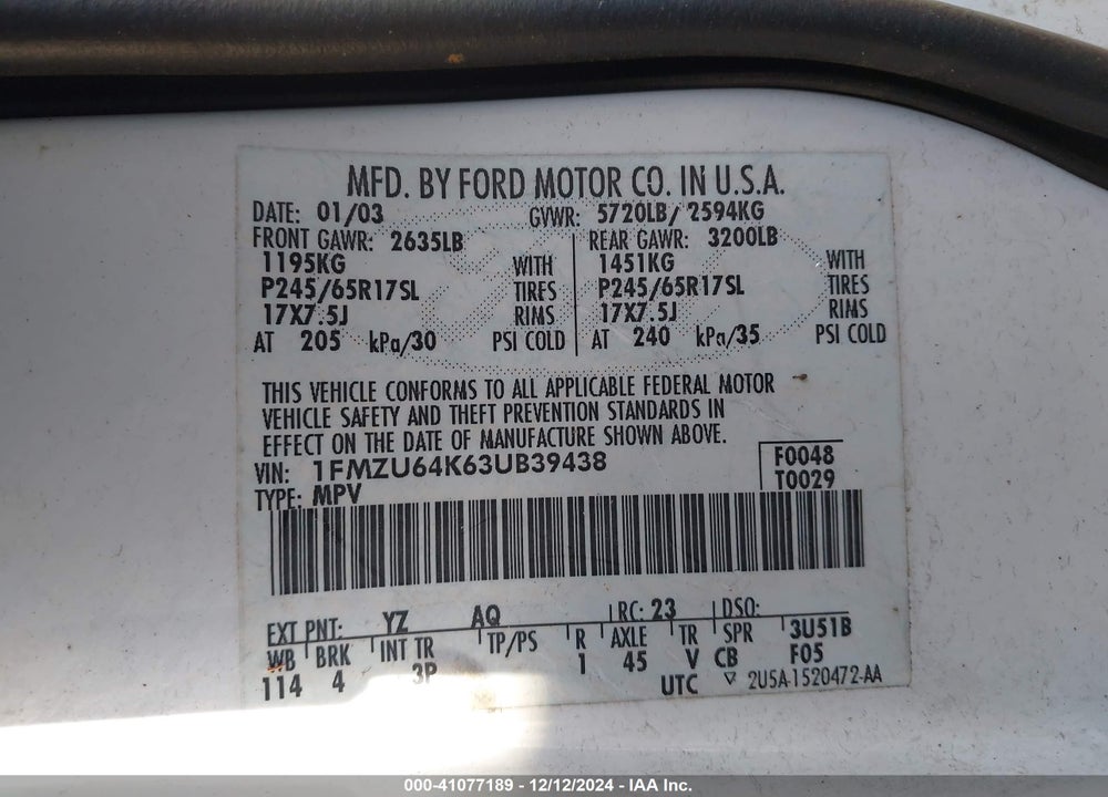 2003 FORD EXPLORER EDDIE BAUER VIN: 1FMZU64K63UB39438