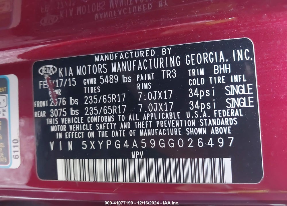 2016 KIA SORENTO 3.3L LX VIN: 5XYPG4A59GG026497
