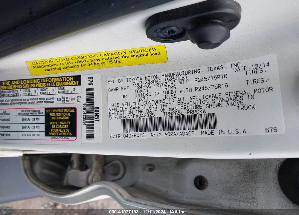 2015 TOYOTA TACOMA PRERUNNER VIN: 5TFJX4GN4FX042325