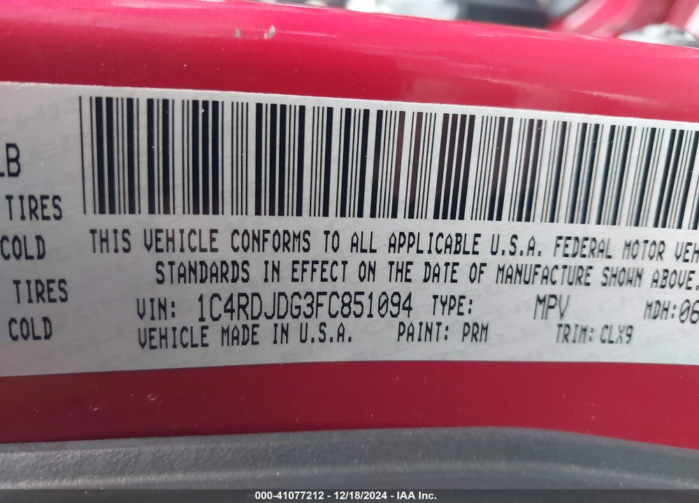 2015 DODGE DURANGO LIMITED VIN: 1C4RDJDG3FC851094