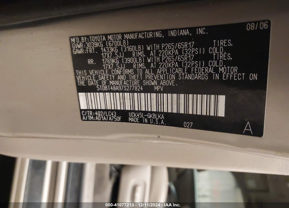 2007 TOYOTA SEQUOIA LIMITED V8 VIN: 5TDBT48A97S277824