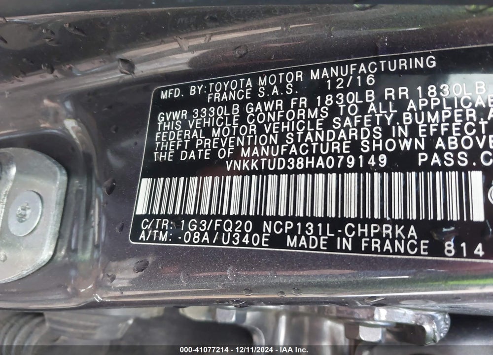 2017 TOYOTA YARIS VIN: VNKKTUD38HA079149
