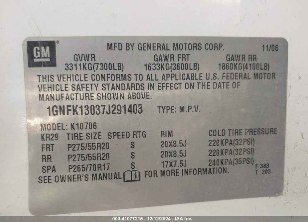 2007 CHEVROLET TAHOE LTZ VIN: 1GNFK13037J291403