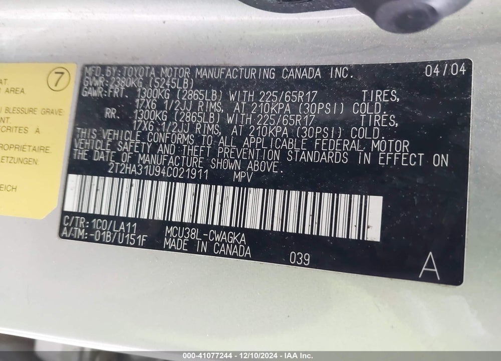 2004 LEXUS RX 330 VIN: 2T2HA31U94C021911