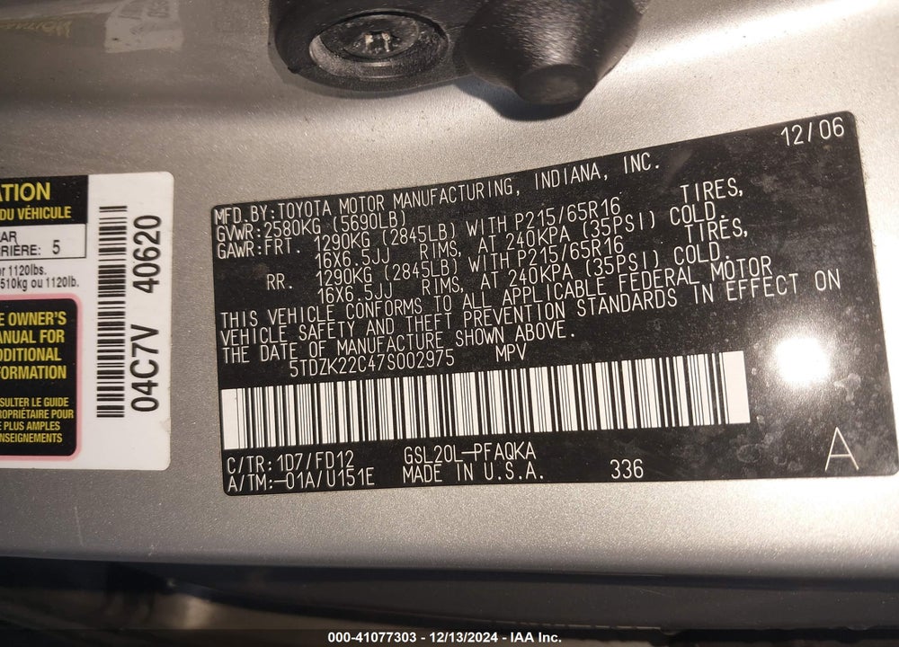 2007 TOYOTA SIENNA XLE VIN: 5TDZK22C47S002975
