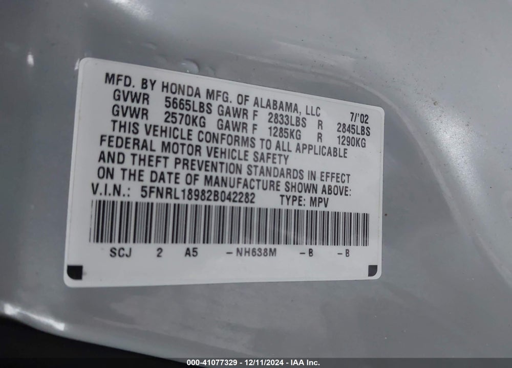 2002 HONDA ODYSSEY EX-L VIN: 5FNRL18982B042282