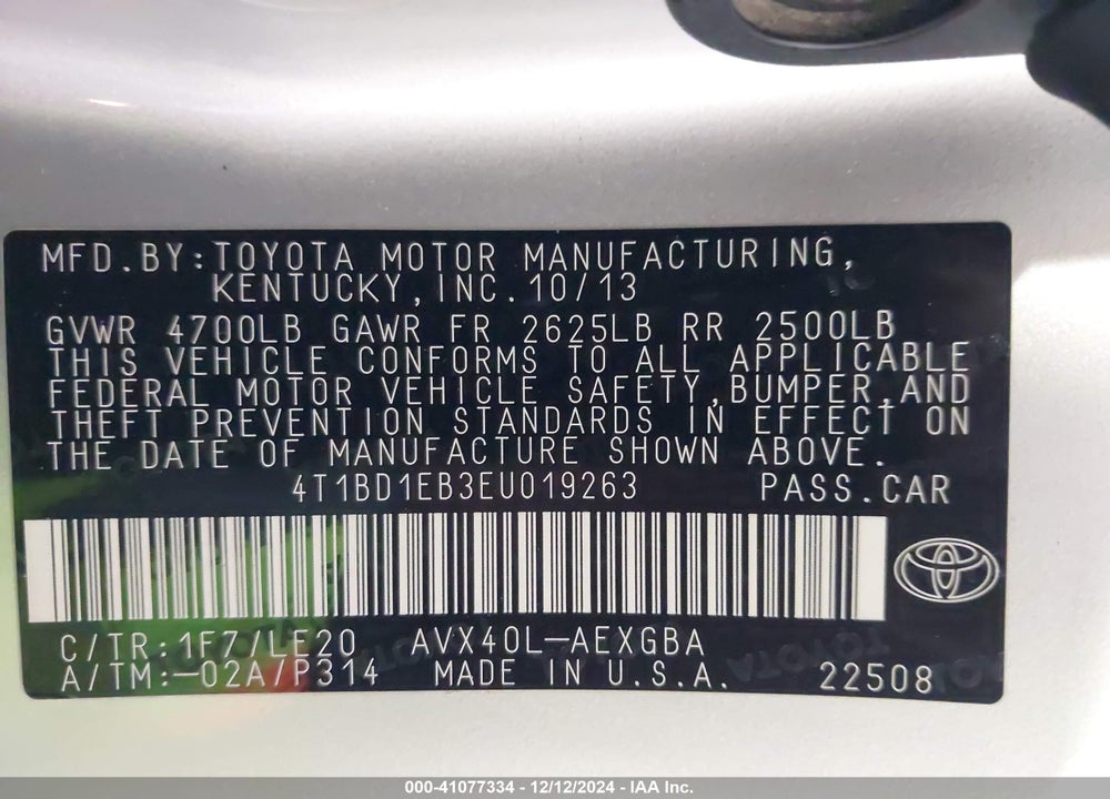 2014 TOYOTA AVALON HYBRID XLE TOURING VIN: 4T1BD1EB3EU019263