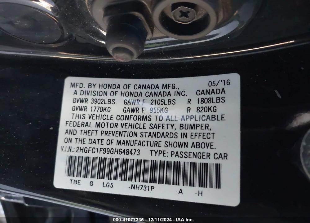 2016 HONDA CIVIC VIN: 2HGFC1F99GH648473