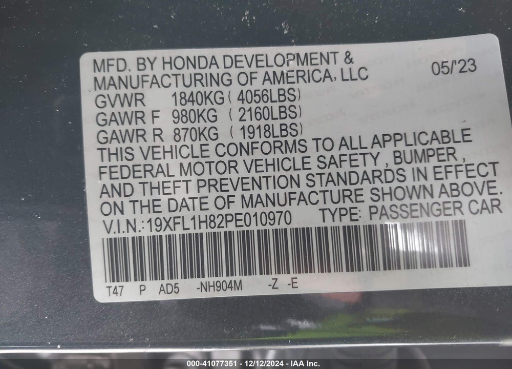 2023 HONDA CIVIC VIN: 19XFL1H82PE010970
