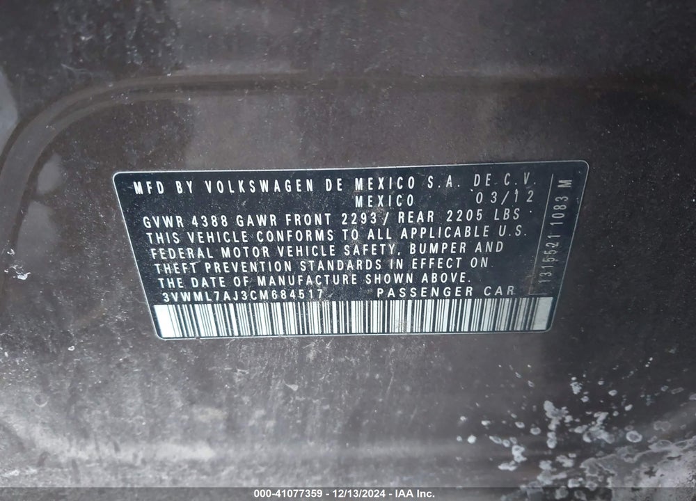2012 VOLKSWAGEN JETTA SPORTWAGEN 2.0L TDI VIN: 3VWML7AJ3CM684517