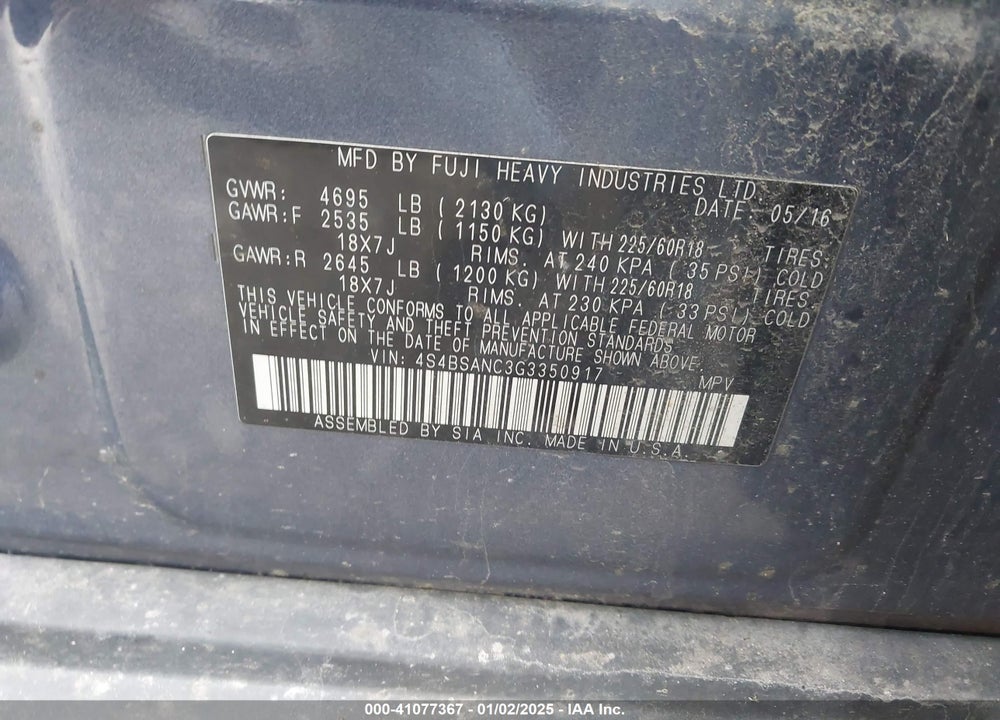 2016 SUBARU OUTBACK 2.5I LIMITED VIN: 4S4BSANC3G3350917