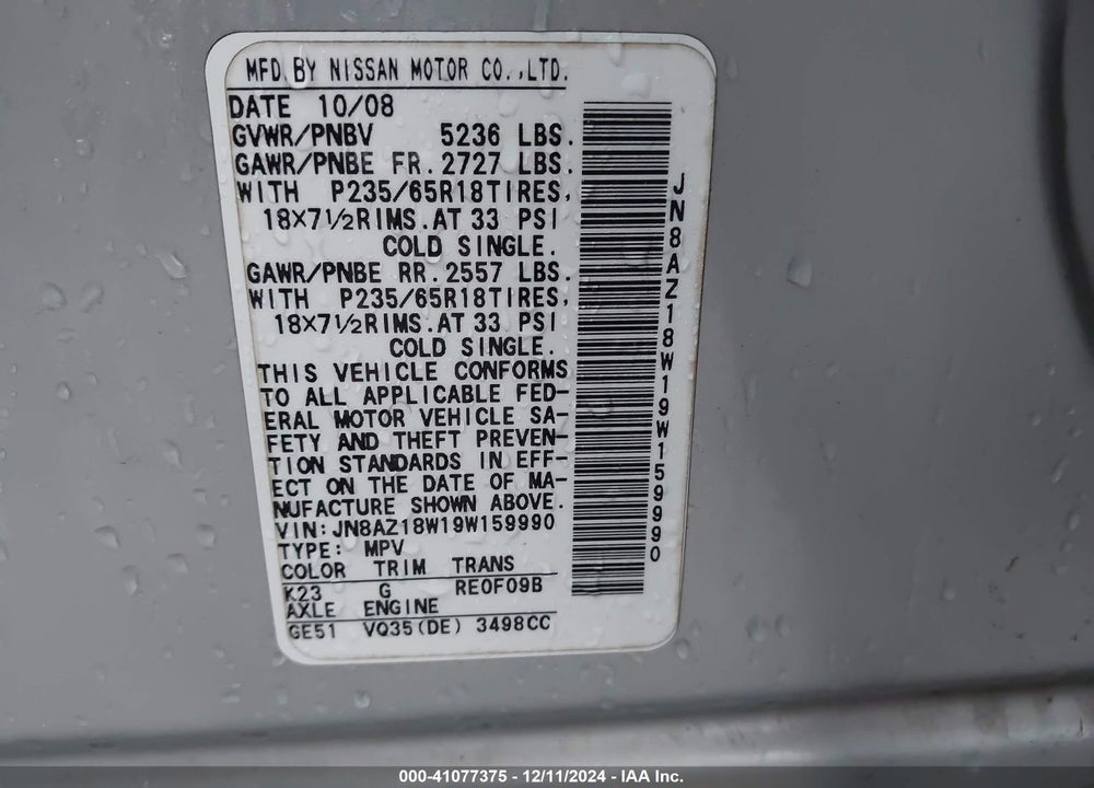 2009 NISSAN MURANO SL VIN: JN8AZ18W19W159990