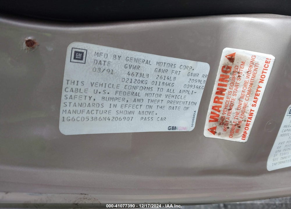 1992 CADILLAC DEVILLE VIN: 1G6CD53B6N4206907