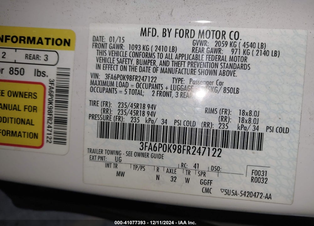 2015 FORD FUSION TITANIUM VIN: 3FA6P0K98FR247122