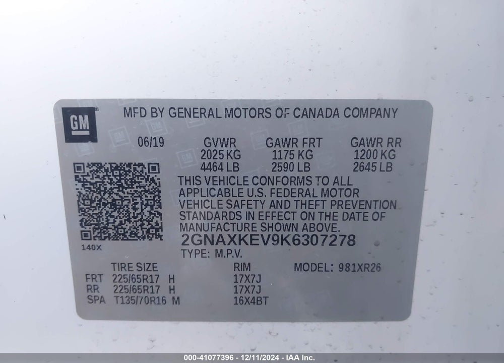 2019 CHEVROLET EQUINOX LT VIN: 2GNAXKEV9K6307278