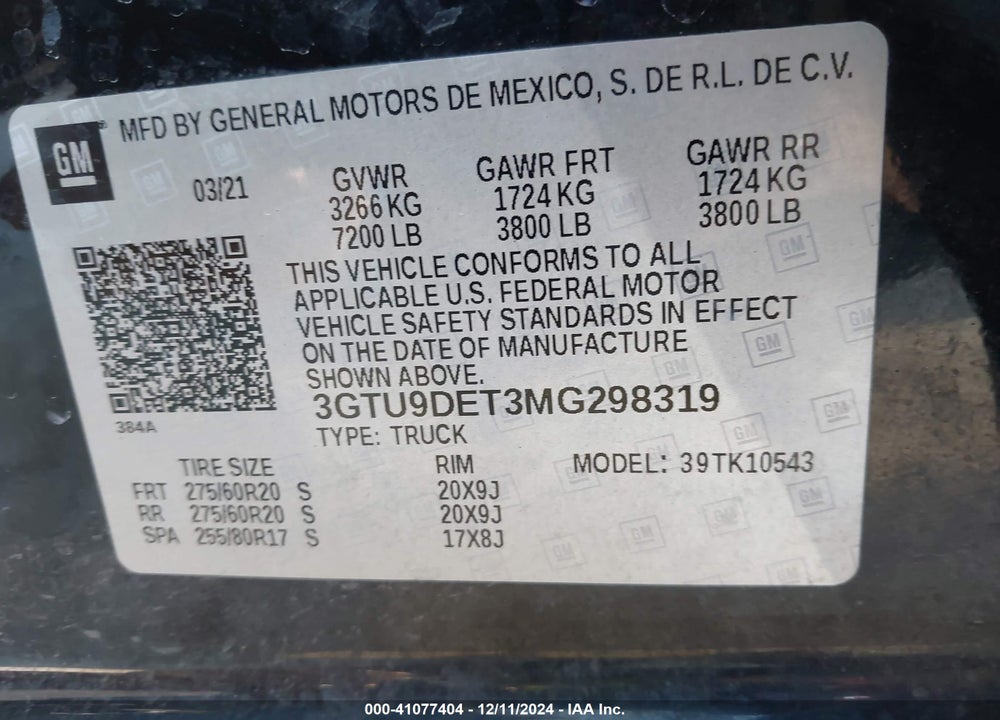 2021 GMC SIERRA 1500 VIN: 3GTU9DET3MG298319