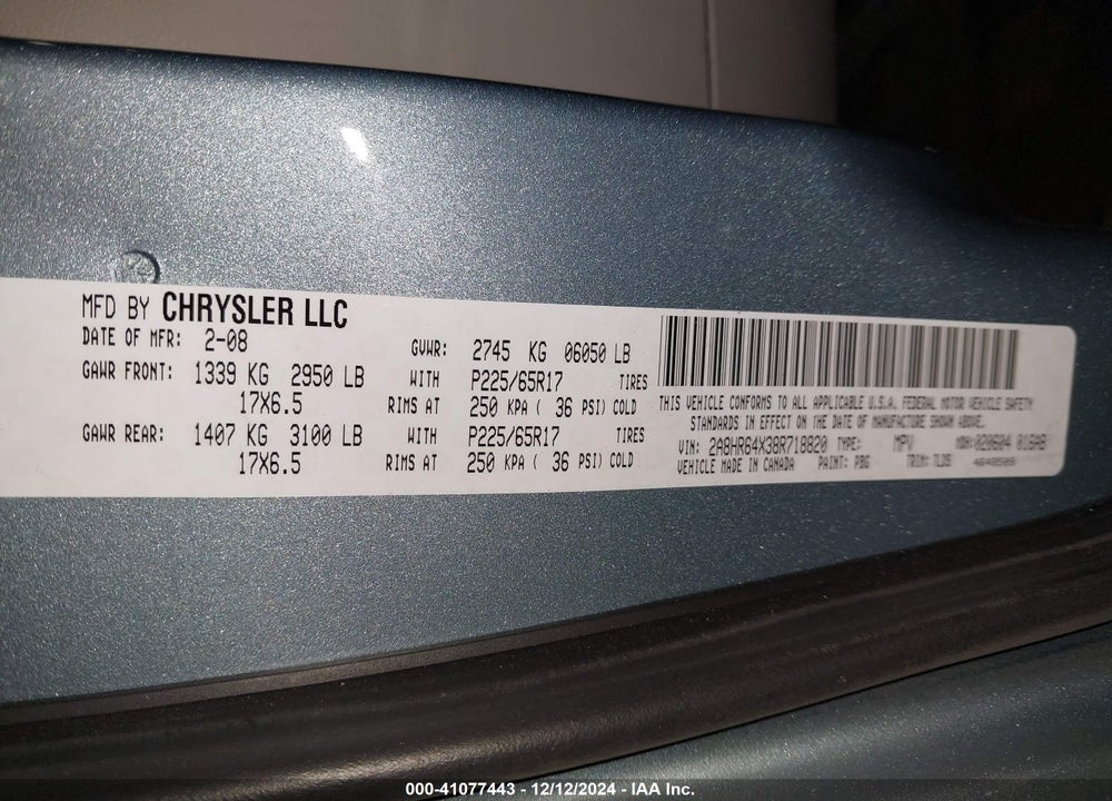 2008 CHRYSLER TOWN & COUNTRY LIMITED VIN: 2A8HR64X38R718820