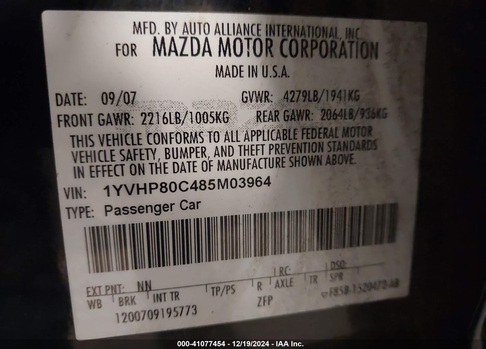 2008 MAZDA 6 I SPORT VE VIN: 1YVHP80C485M03964