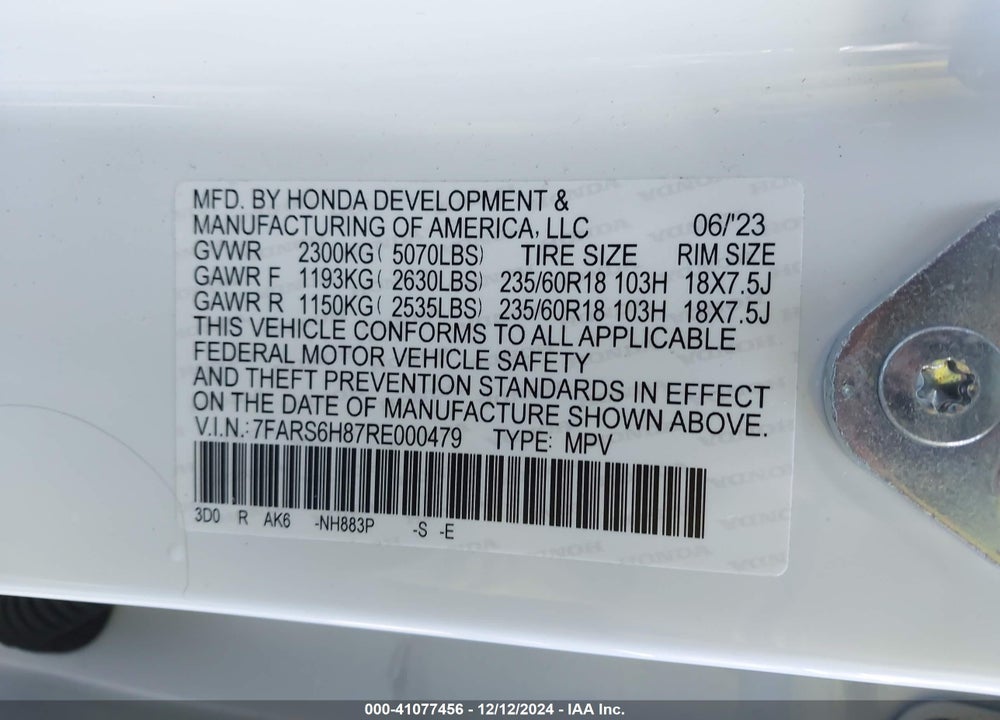 2024 HONDA CR-V VIN: 7FARS6H87RE000479