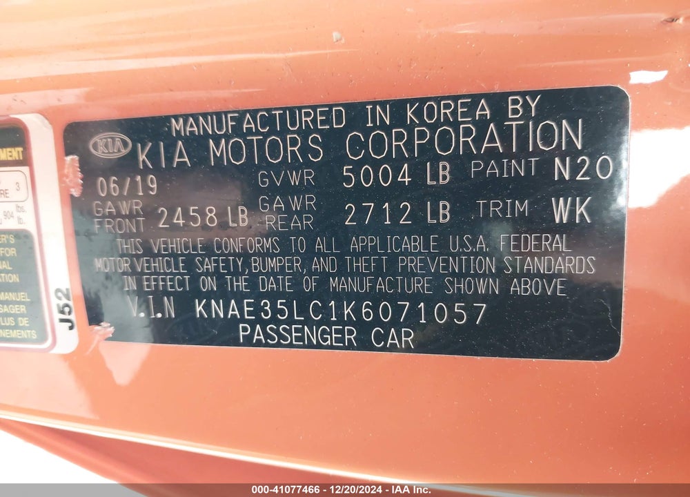 2019 KIA STINGER GTS VIN: KNAE35LC1K6071057
