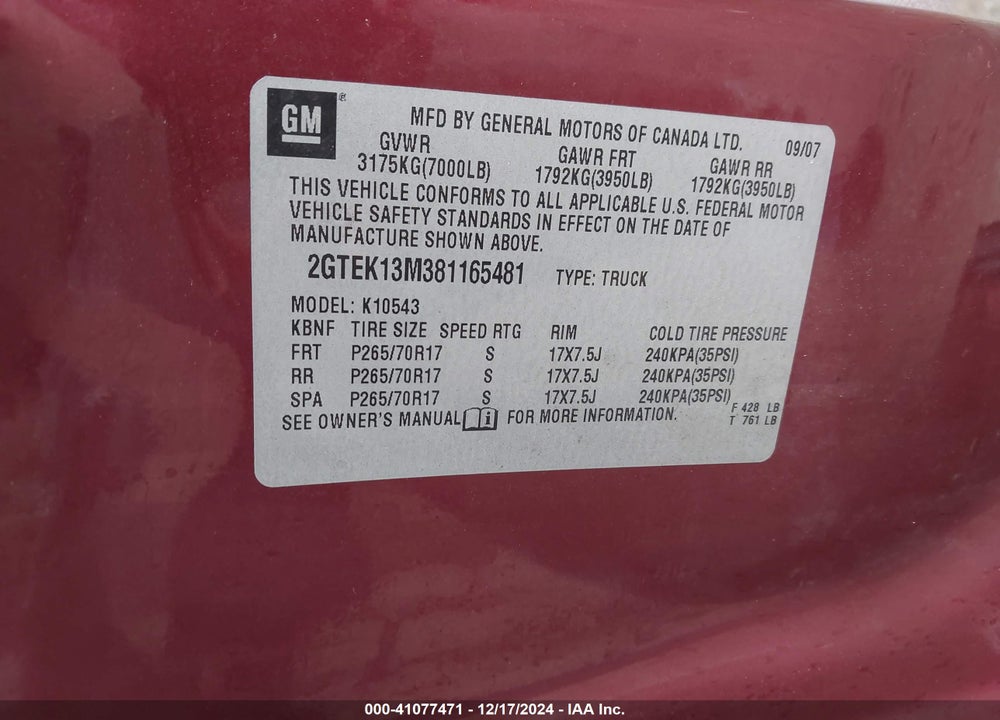 2008 GMC SIERRA 1500 SLT VIN: 2GTEK13M381165481