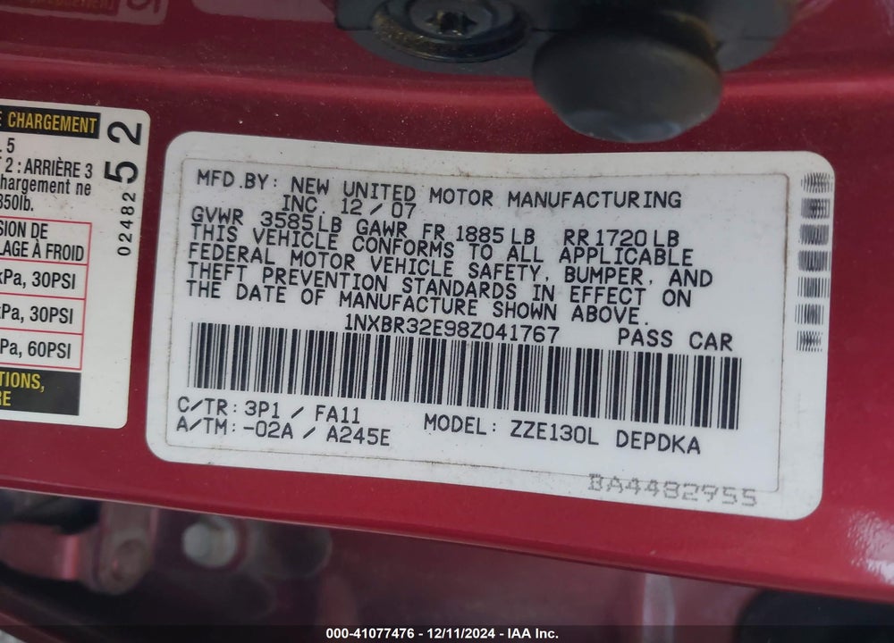 2008 TOYOTA COROLLA CE VIN: 1NXBR32E98Z041767