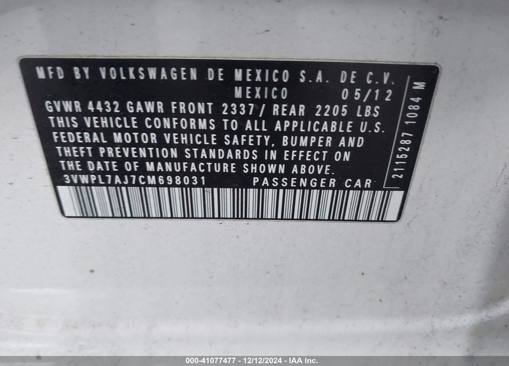 2012 VOLKSWAGEN JETTA VIN: 3VWPL7AJ7CM698031
