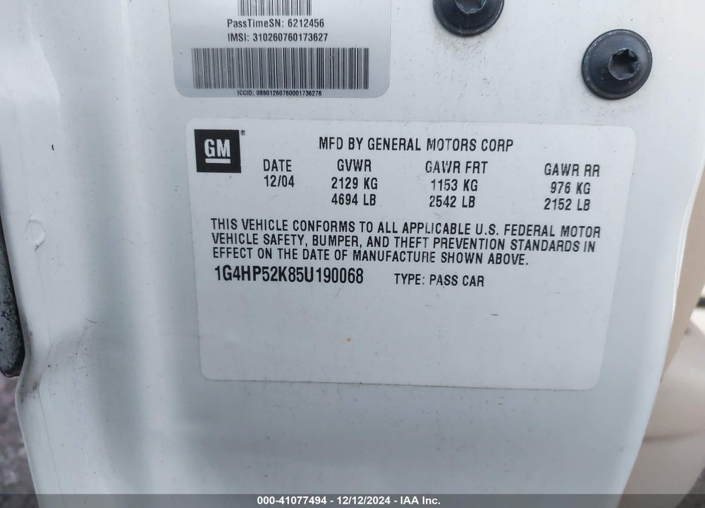 2005 BUICK LESABRE CUSTOM VIN: 1G4HP52K85U190068