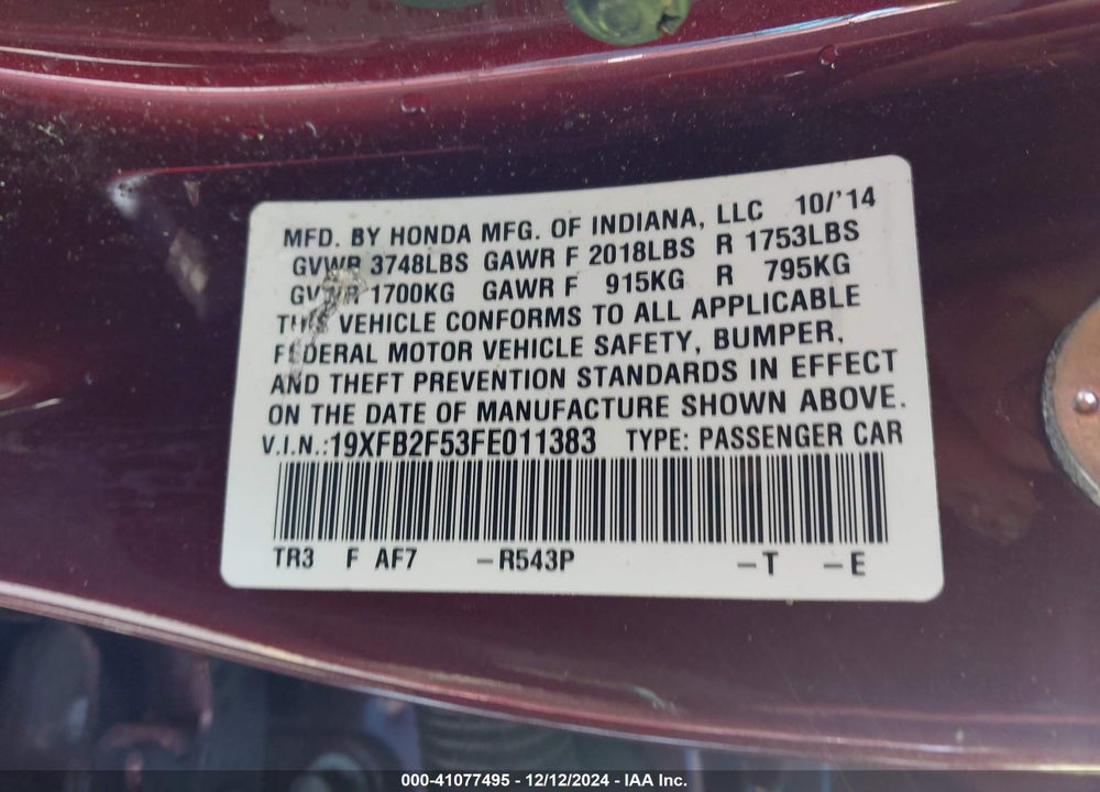 2015 HONDA CIVIC LX VIN: 19XFB2F53FE011383