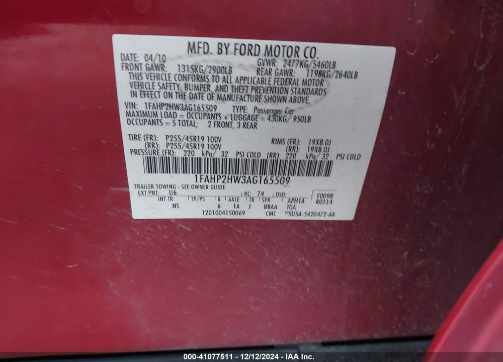 2010 FORD TAURUS SEL VIN: 1FAHP2HW3AG165509