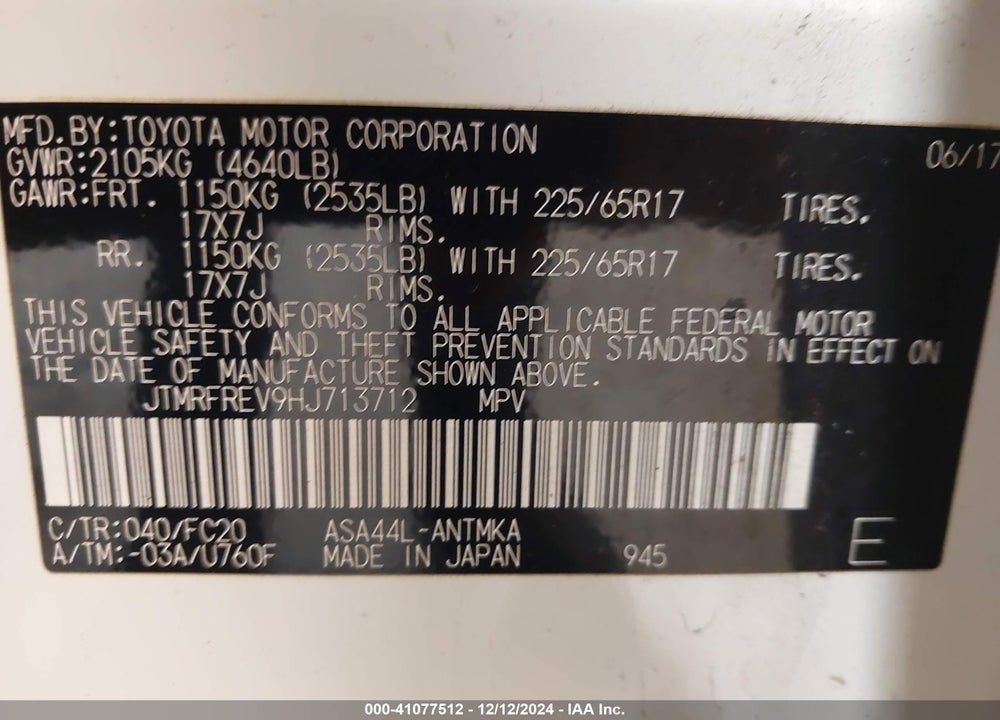 2017 TOYOTA RAV4 XLE VIN: JTMRFREV9HJ713712