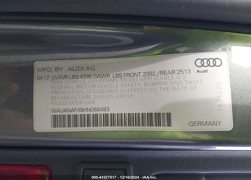 2017 AUDI A4 2.0T PREMIUM VIN: WAUANAF48HN068483