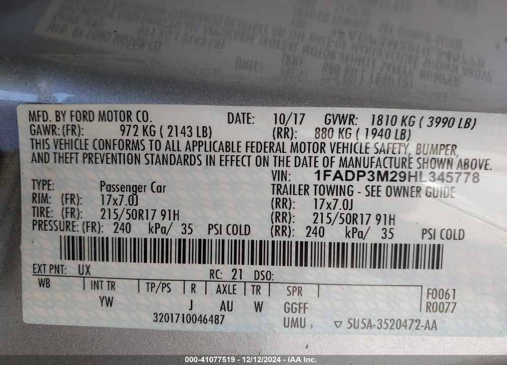 2017 FORD FOCUS SEL VIN: 1FADP3M29HL345778