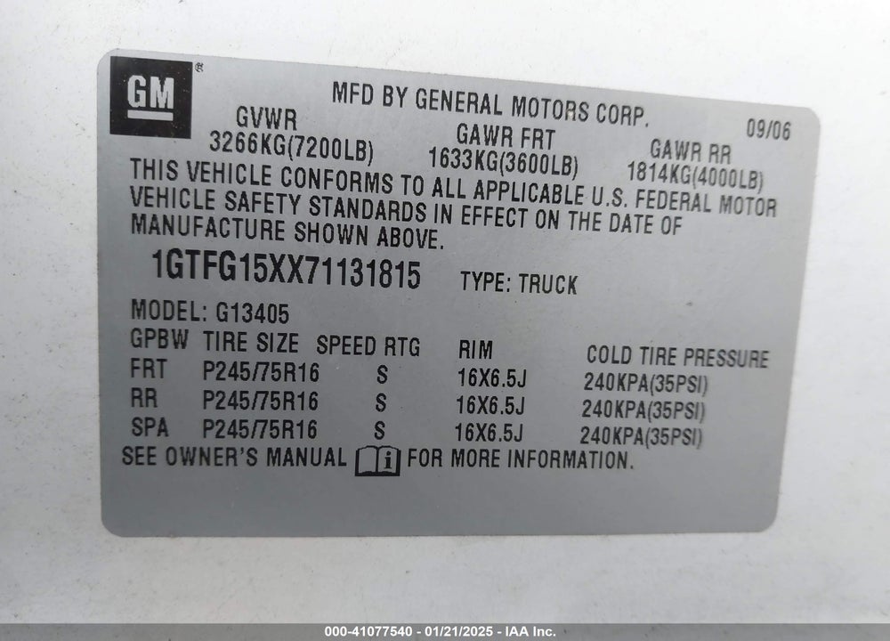 2007 GMC SAVANA WORK VAN VIN: 1GTFG15XX71131815