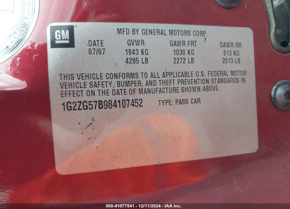 2008 PONTIAC G6 VIN: 1G2ZG57B984107452